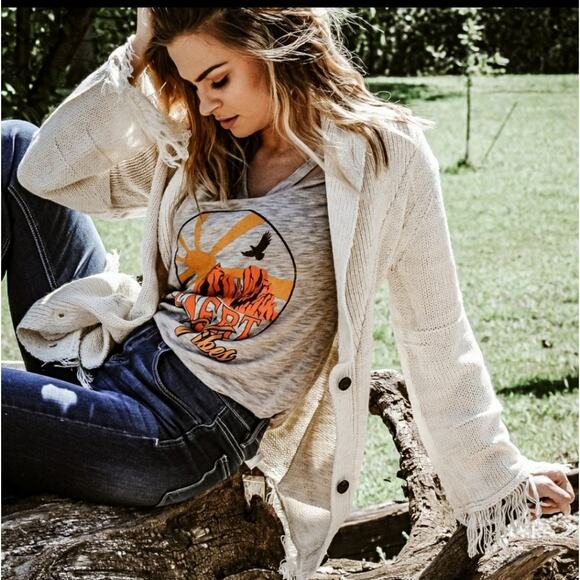 Uniq belted fringed cardigan cream medium large - Picture 8 of 9